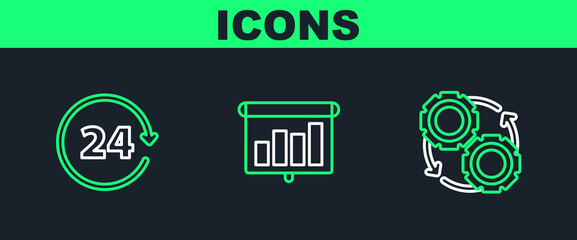 Set line Gear and arrows as workflow process concept, Clock 24 hours and Presentation financial board with graph, schedule, chart, diagram, infographic, pie graph icon. Vector