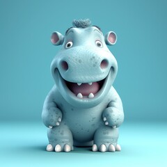 Realistic 3D rendering of a happy, fluffy and cute hippo smiling with big eyes looking straight at you. Created with generative AI