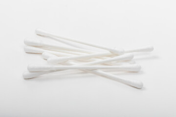 Hygiene and Cleanliness: Close-up of cotton swabs on white background