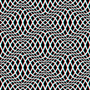 Optical art seamless pattern of distorted cells. Psychedelic repeatable background design in red cyan anaglyph style.