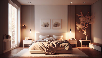 Clean style beige bedroom interior