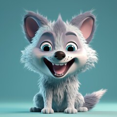 Realistic 3D rendering of a happy, fluffy and cute wolf smiling with big eyes looking straight at you. Created with generative AI
