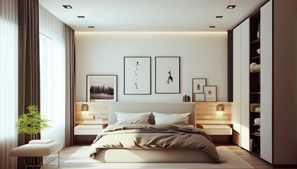 Clean style beige bedroom interior