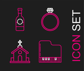 Set line Grand piano, Church building, Diamond engagement ring and Champagne bottle icon. Vector