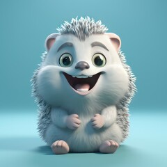Realistic 3D rendering of a happy, fluffy and cute hedgehog smiling with big eyes looking straight at you. Created with generative AI
