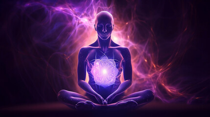 Concept of meditation and spiritual practice for enlightenment, expanding of consciousness, chakras and astral body activation, mystical inspiration image. Generative AI.
