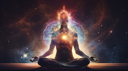 Concept of meditation and spiritual practice for enlightenment, expanding of consciousness, chakras and astral body activation, mystical inspiration image. Generative AI.