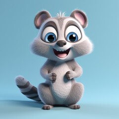Realistic 3D rendering of a happy, fluffy and cute raccoon smiling with big eyes looking straight at you. Created with generative AI