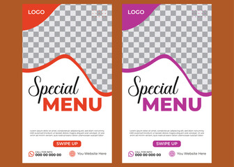 Naklejka premium Food instagram story post template design. Suitable for Social Media Post Restaurant and culinary promotions. Set of editable sales banners. Red and Yellow background colors with vector outlines.