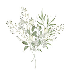 Spring bouquet on a white background. Hydrangea, white flowers, eucalyptus, leaves, branches. Watercolor illustration. Wedding stationary, greetings, wallpapers, fashion, background.