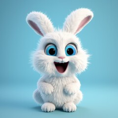 Realistic 3D rendering of a happy, fluffy and cute rabbit smiling with big eyes looking straight at you. Created with generative AI