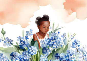 Urocza dziewczynka w kwiatach. Ilustracja wygenerowana przy pomocy AI. - obrazy, fototapety, plakaty