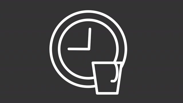 Animated break white line icon. Coffee time. Time to take pause. Loop HD video with chroma key, alpha channel on transparent background, black solid background. Outline motion graphic animation