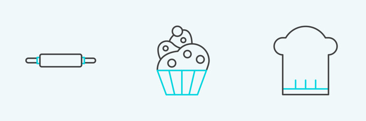 Set line Chef hat, Rolling pin and Cupcake icon. Vector