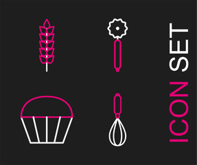 Set line Kitchen whisk, Muffin, Pizza knife and Cereals with rice, wheat, corn, oats, rye icon. Vector