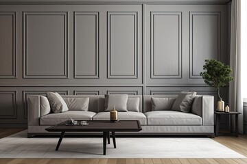 Grey sofa in a classic modern room with wall panels and a wooden floor. Generative AI