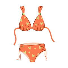 A pink two-piece swimsuit with a green heart. The top and bottom of swimsuits. Summer beachwear. Vector illustration in a flat style.