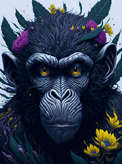 Head of Monkey in flowers splash concept. AI generated illustration