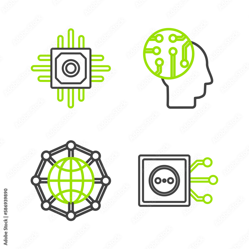Poster set line remote control, global technology or social network, human brain as digital circuit board a