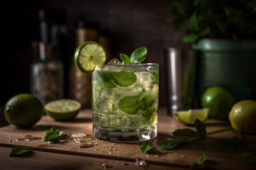 A glass of mojito with ice and limes on a wooden surface