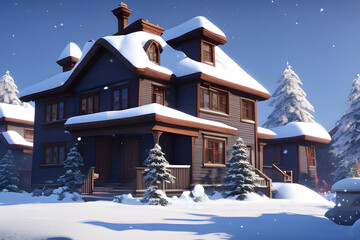 house in winter forest, ai generated