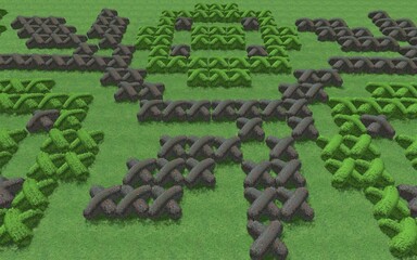 Fototapeta premium 3D illustration of modern landscape architecture. Modular topiary garden with clipped borders in the form of crosses. Background computer rendering of landscape design.