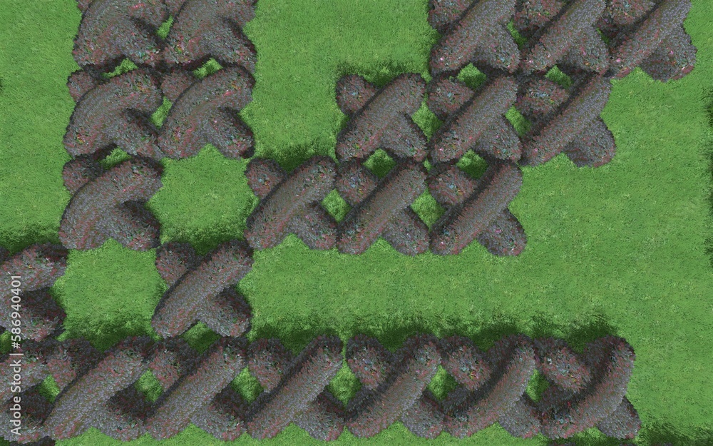Fototapete 3D illustration of modern landscape architecture. Modular topiary garden with clipped borders in the form of crosses. Background computer rendering of landscape design.