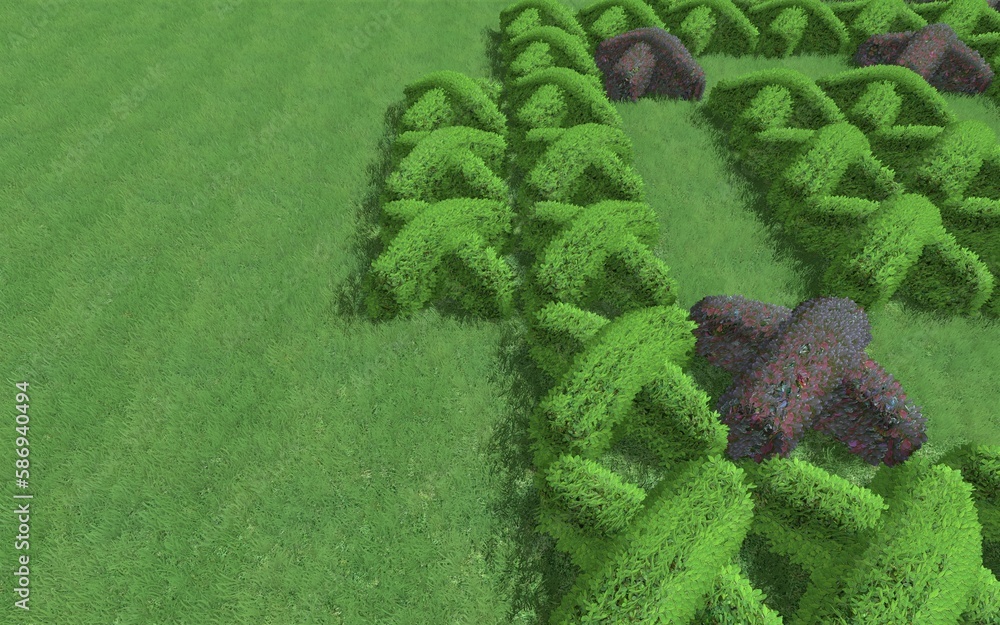 Fototapete 3d illustration of modern landscape architecture. modular topiary garden with clipped borders in the