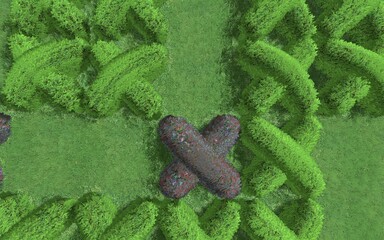 3D illustration of modern landscape architecture. Modular topiary garden with clipped borders in the form of crosses. Background computer rendering of landscape design.