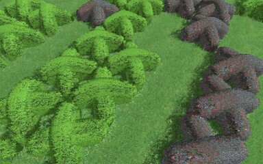 3D illustration of modern landscape architecture. Modular topiary garden with clipped borders in the form of crosses. Background computer rendering of landscape design.