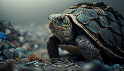 A turtle sleeps among the piles of plastic waste, concept of saving the world. Generative AI.