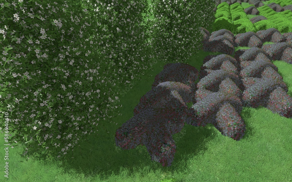Fototapete 3d illustration of modern landscape architecture. modular topiary garden with clipped borders in the