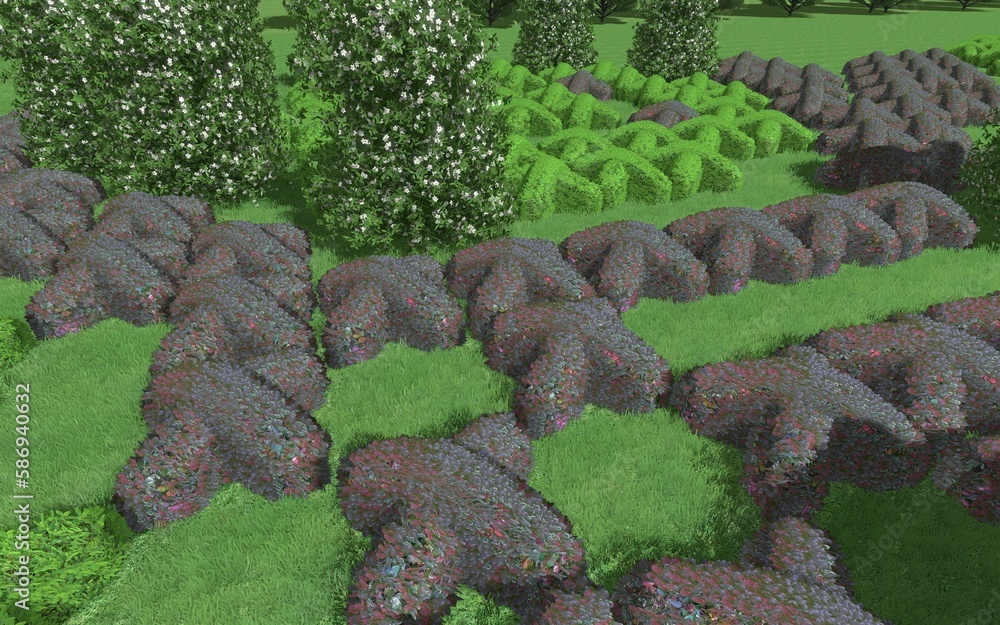 Fototapete 3d illustration of modern landscape architecture. modular topiary garden with clipped borders in the