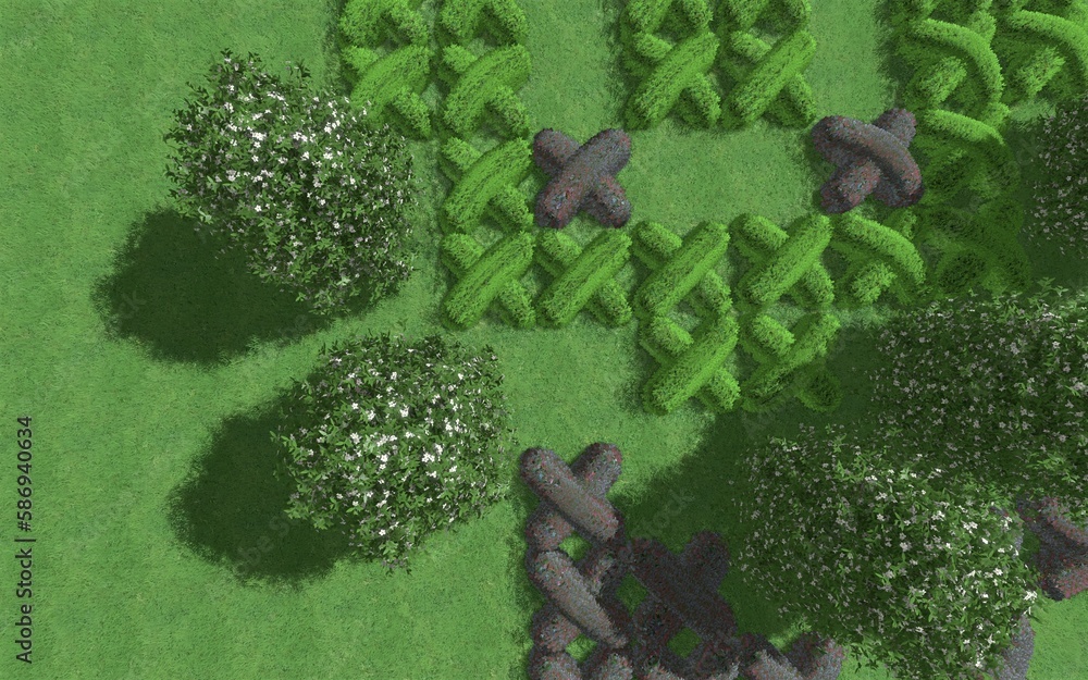 Fototapete 3d illustration of modern landscape architecture. modular topiary garden with clipped borders in the