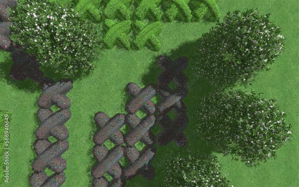 Fototapete 3d illustration of modern landscape architecture. modular topiary garden with clipped borders in the