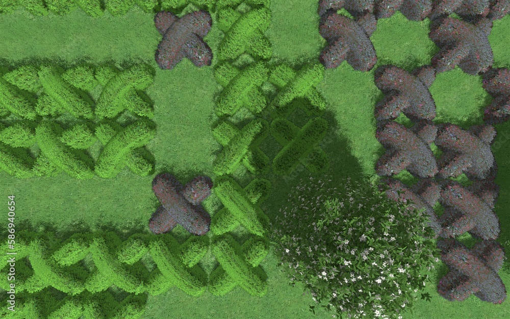 Fototapete 3d illustration of modern landscape architecture. modular topiary garden with clipped borders in the