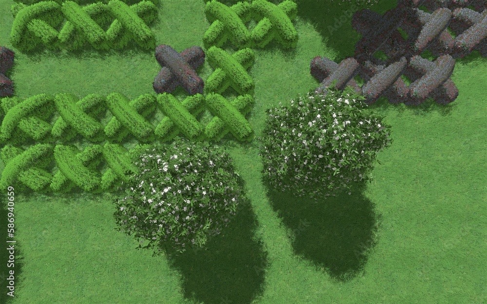 Fototapete 3d illustration of modern landscape architecture. modular topiary garden with clipped borders in the