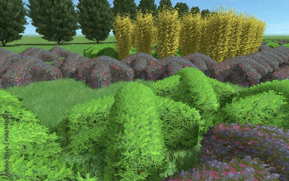 Fototapete 3d illustration of modern landscape architecture. modular topiary garden with clipped borders in the