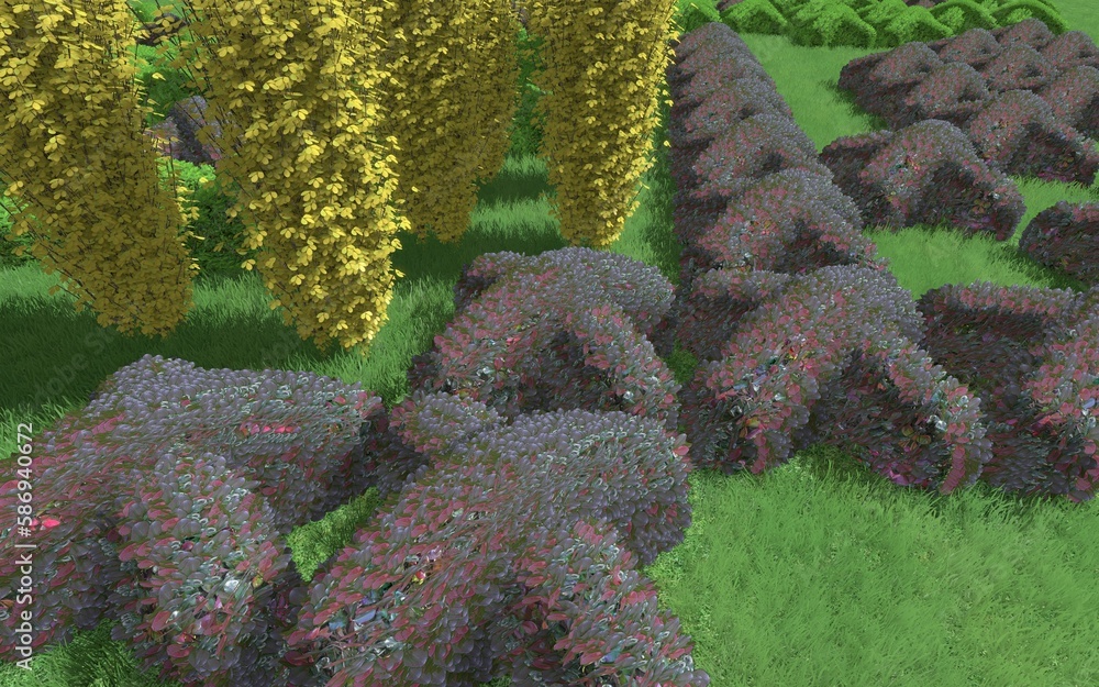 Fototapete 3d illustration of modern landscape architecture. modular topiary garden with clipped borders in the