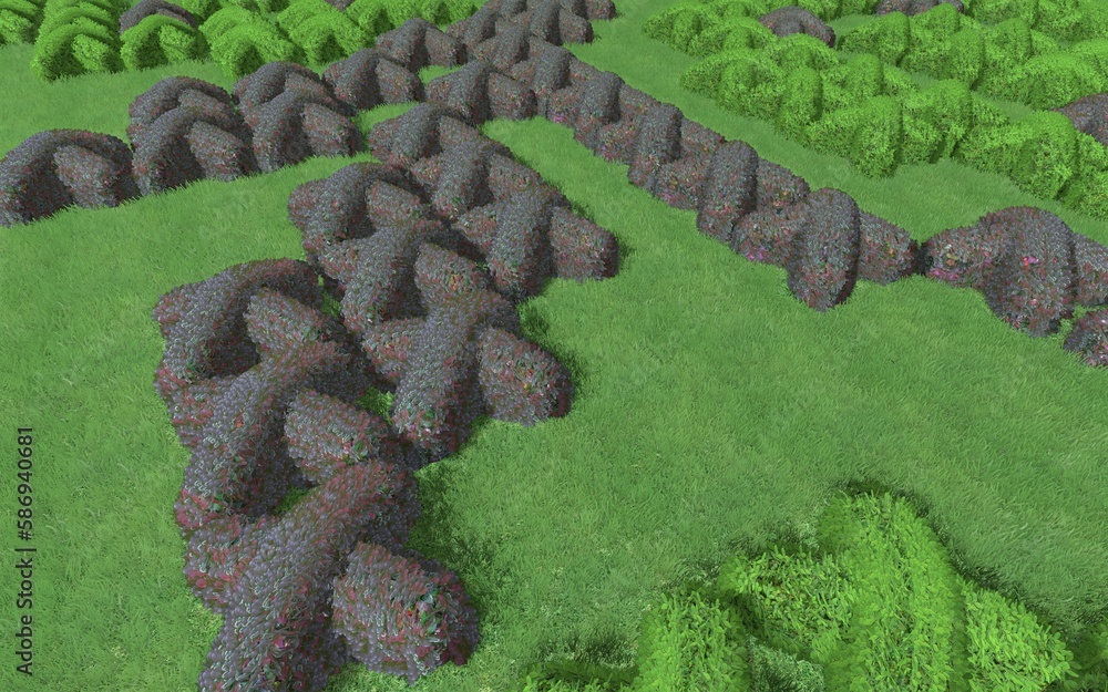 Fototapete 3d illustration of modern landscape architecture. modular topiary garden with clipped borders in the