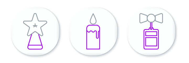 Set line Price tag with an inscription Sale, Christmas star and Burning candle candlestick icon. Vector