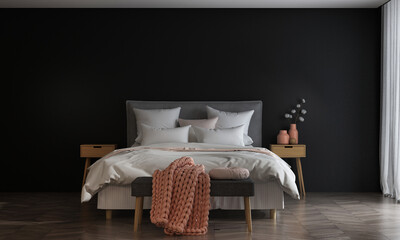 Modern style bedroom and black wall texture background interior design. 3D rendering