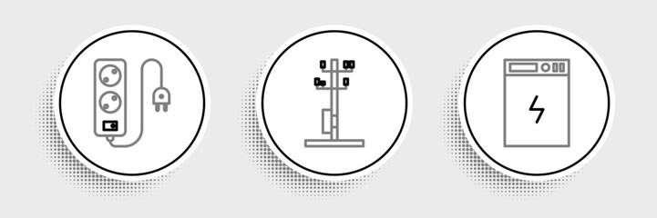 Set line Power bank, Electric extension cord and High voltage power pole line icon. Vector