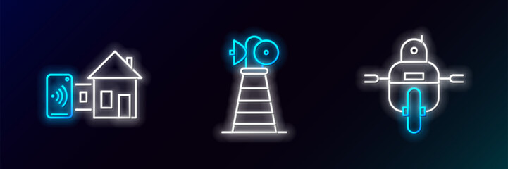 Set line Robot, Smart home and Antenna icon. Glowing neon. Vector