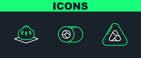 Set line Sushi, Khinkali on cutting board and icon. Vector