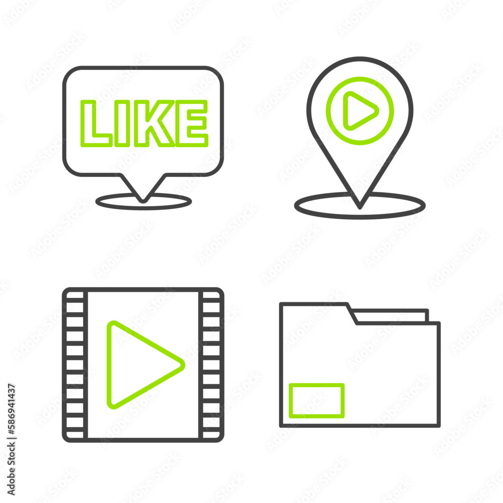 Poster set line document folder, play video, digital media play with location and like in speech bubble ico