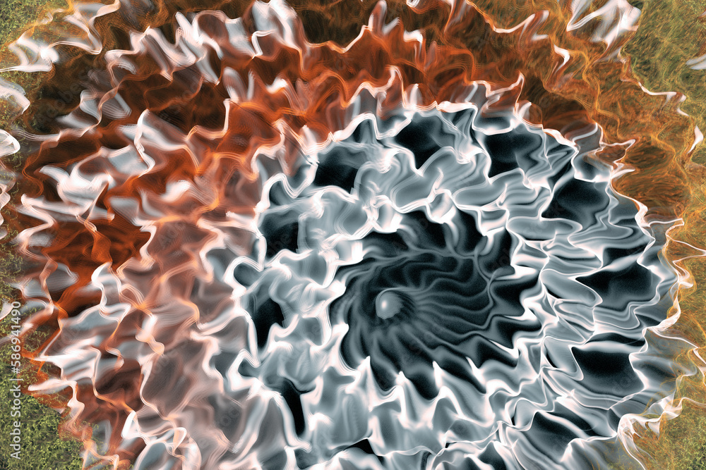 Poster white orange pattern of crooked waves on a black background. abstract fractal 3d rendering