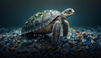 Fototapeta na wymiar A turtle sleeps among the piles of plastic waste, concept of saving the world. Generative AI.