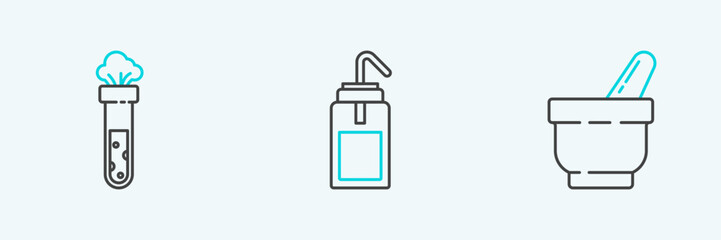 Set line Mortar and pestle, Test tube flask chemical and Laboratory wash bottle icon. Vector