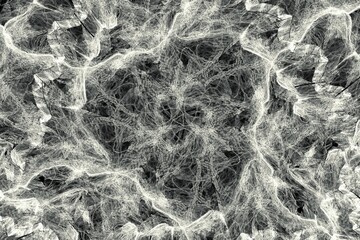 White pattern of crooked waves on a black background. Abstract fractal 3D rendering